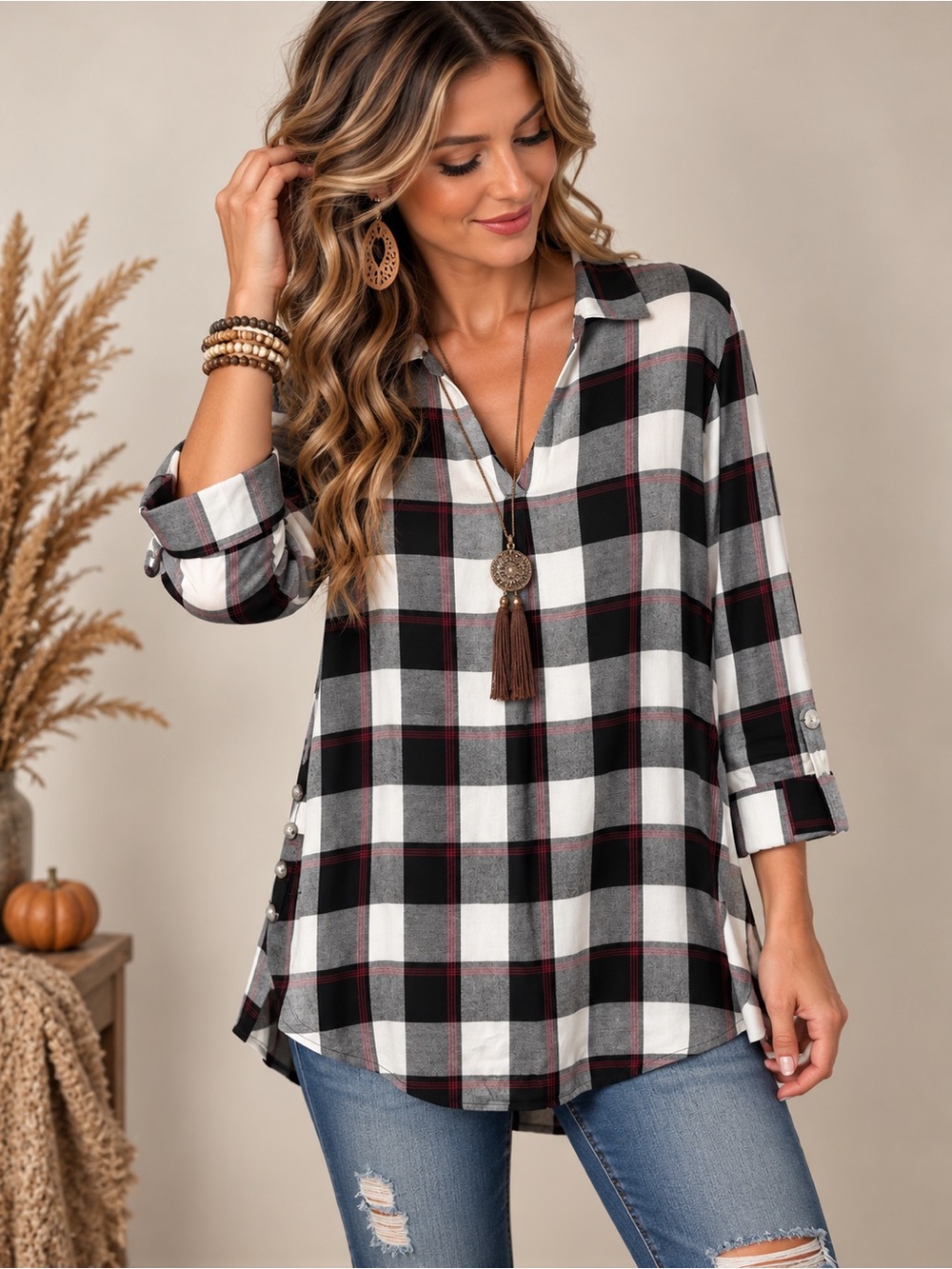 🍂🤎 St. John’s Bay Plaid Tunic Top Size L Cozy Fall Style ✨